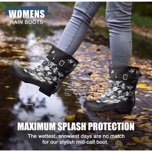 NWT Norty Black Floral Mid Calf Rain Boot